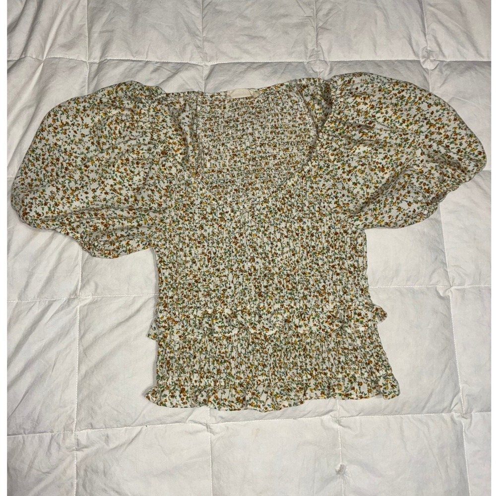 Altar'd State Floral Smocked Puff Sleeve Top Cream Yellow Small Cottagecore
